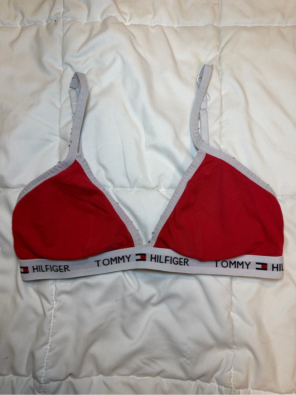 Tommy Hilfiger Red Triangle Bralette with Light Gray Trim and Logo Band